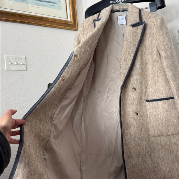 Motf Wool Blend Beige Ivory Long Duster Coat/Jacket Sz L Blue Velvet Trim - Picture 7 of 14